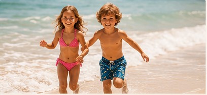 Bambina e bambino con costumi da bagno sulla spiaggia